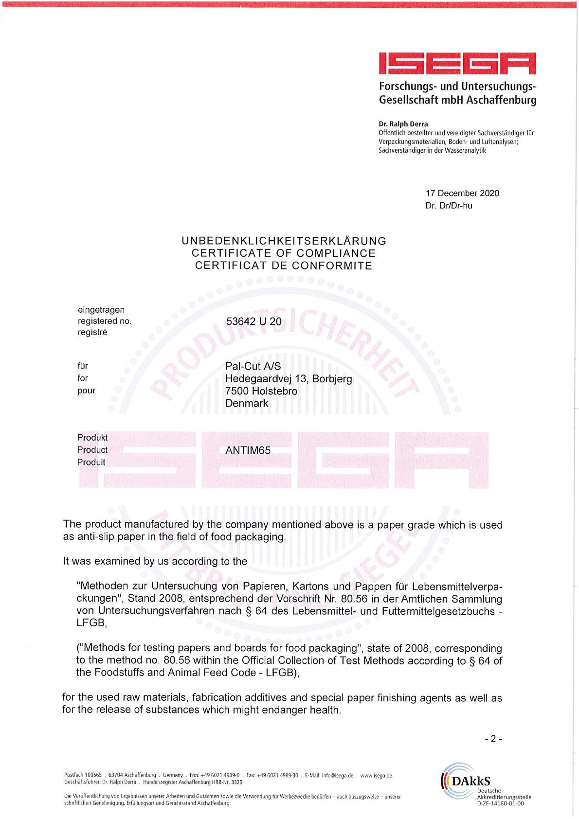 Antirutschpapier Zertifikat FSC 100% recycled ISEGA